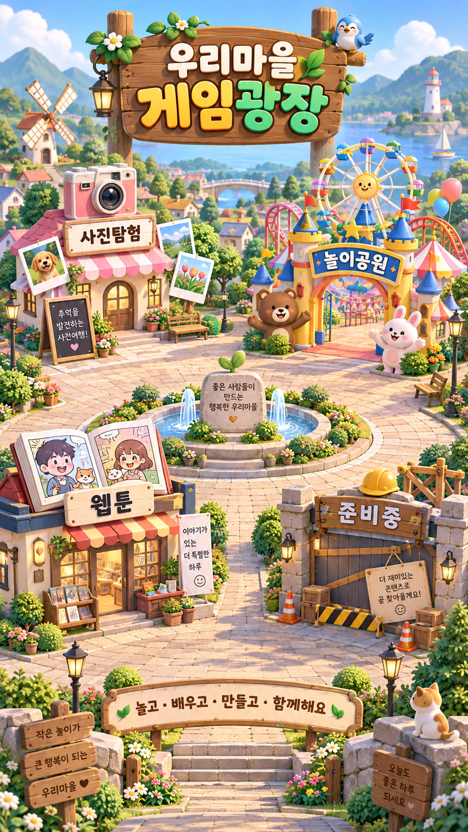 사진탐험, 놀이공원, 웹툰마을과 준비중 입구가 있는 우리마을 게임광장